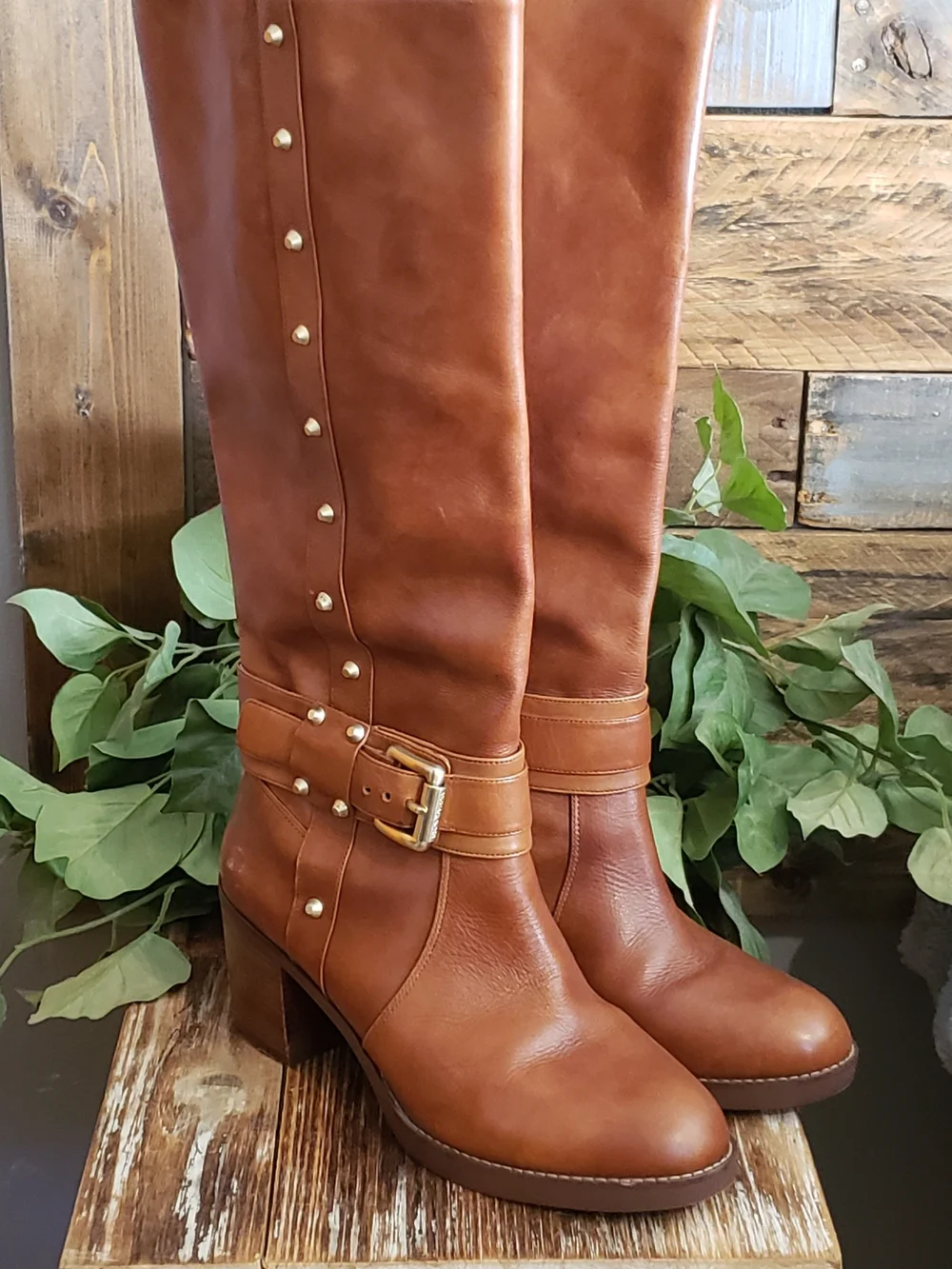 Michael Kors Cognac Tall Knee Buckle & Stud Boots